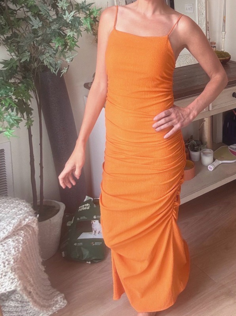 Le Lis Orange Ruched Spaghetti-Strap Maxi Dress